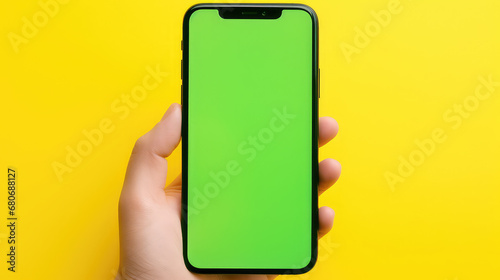Green screen phone in hand mockup chroma key shopping online yellow background