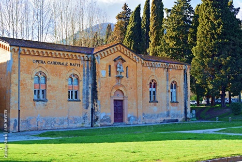 external view of the Opera Cardinale Maffi located in the medieval village of Vicopisano in Pisa, Tuscany, Italy