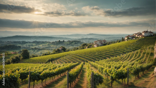 Picturesque and charming hilltop vineyard, with a panoramic view of the surrounding countryside - AI Generative