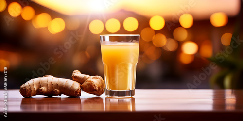 Close up of ginger shot drink with lemon in a glass on wooden table, blurred background
