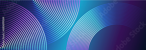 Abstract colorful blue green purple rounded lines glowing on dark blue background. Modern shiny geometric stripes circle lines. Futuristic digital, technology, modern concept. Vector illustration