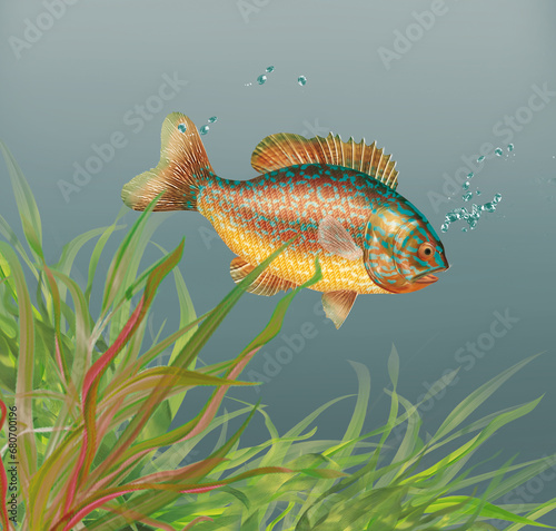illustration d'un poisson perche soleil qui nage dans l'eau limpide avec des algues