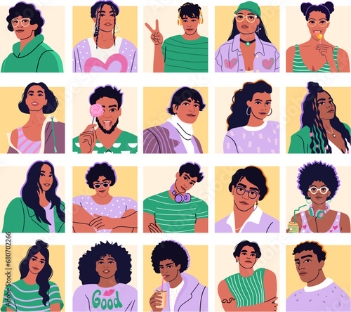 Groovy collection of diverse men and women portraits. Multiethnic male and female characters. Big avatar set.