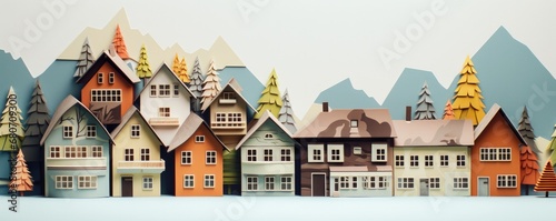 illustration of town houses with mountains. Houses next to each other in a row. generative ai
