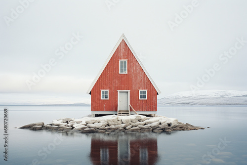 landscape with scandinavian red boat house