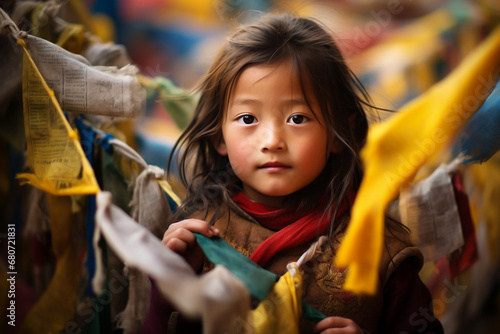 A Tibetan little girl in the serene landscapes of the Himalayas, surrounded by prayer flags, embodying the spiritual and tranquil atmosphere of the region. 