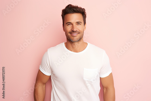 hombre español de treinta años con camiseta blanca sobre fondo rosa claro pastel