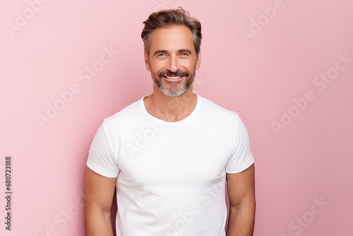 hombre español de cuarenta años con camiseta blanca sobre fondo rosa claro pastel