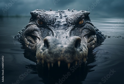 the alligator floating in the water balanced symmetry expressive facial features contrast-focused photos