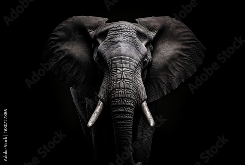 an elephant standing in a black background, stark black and white, hyper-detailed, distinctive noses