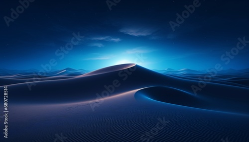 a blue desert field of sand at night photorealistic detail smooth curves minimalist color palette