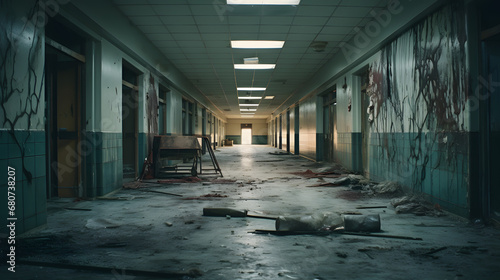 Vacant hospital corridor, peeling paint and shattered windows