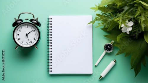 UPCOMING EVENTS is written in a notebook next to a green plant and a white alarm clock, which stands on colorful diaries. 