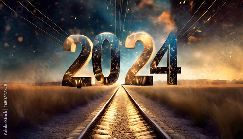 Railway road going to huge 2024 number, New year, Yellow and blue colors, dramatic night sky