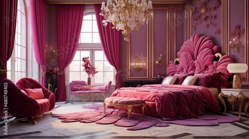an opulent picture of a glamorous bedroom adorned with bold colors.