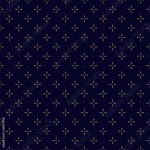 Seamless abstract geometric pattern with golden floral motifs on a black background. Vector texture design for luxury branding, minimalist wallpaper, simple repeated elegant Christmas ornament