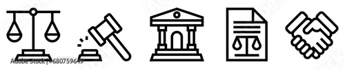 Conjunto de iconos de servicios legales. Ley. Balanza y martillo de justicia, tribunal, documento legal, acuerdo. Ilustración vectorial