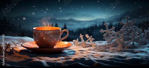 A coffee cup with snowflakes and a blurred winter background with lights. Generative AI. 
