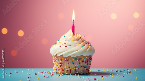 White Birthday Cake with colorful sprinkles and lit birthday candle over a pink background