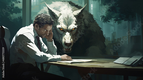 A man sitting at a table reading with a menacing wolf convincing him
