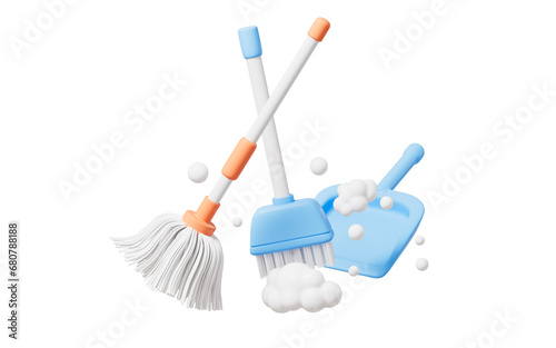 Cartoon mop and broom in the yellow background, 3d rendering.