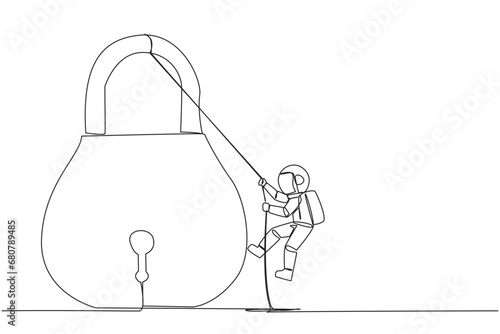 Single continuous line drawing astronaut climbing padlock with rope. Do the best to privatize the business. Sole owner. The result of smart hard work. Satisfied. One line design vector illustration