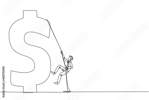 Continuous one line drawing businessman climbs dollar symbol. Metaphor looking for extra money because of high needs. Smart work combined with hard work. Single line draw design vector illustration