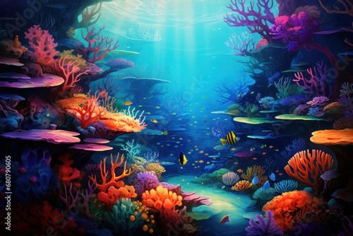 Vibrant underwater seascape with colorful coral and marine life. Marine biodiversity.