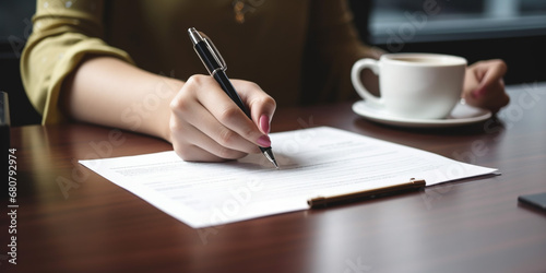 Close-up of woman signing documents and drinking coffee