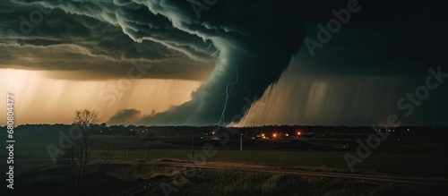 Tornado forming destruction over a populated landscape. Severe hurricane storm weather clouds.