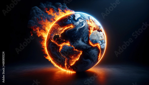 The globe or Earth is engulfed in flames, symbolizing the issue of global warming.