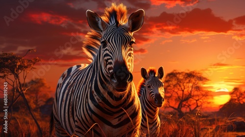 Beautiful wild animals African striped black and white zebras on the loose on a nature safari at sunset