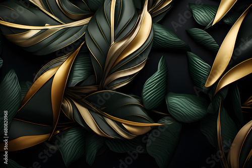 Dark green and golden jungle leaves , 3d illustration generated ai