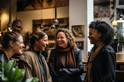 A group of women, friends, in a warm and cozy coffee shop, cafe, restaurant; talking, chatting, discussing, laughing, enjoying each other's company; friendship, love, bonding,