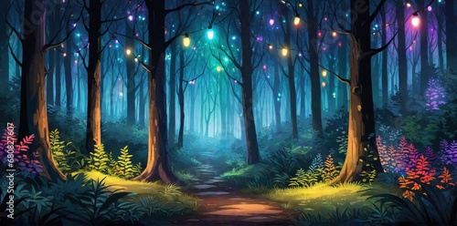 Paisaje de un bosque mágico iluminado con luminarias de colores 