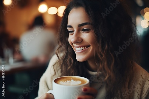 Close-up of a happy young woman enjoying a cappuccino in a coffee shop; Aromatic and cheerful delight for coffee