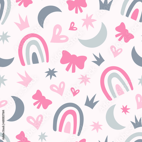Rainbow heart crown star seamless pattern. Cute childish pastel colored endless background with pink and gray princess elements. Repeat vector illustration for girls
