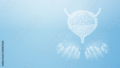 Two human hands are holds human bladder. Medical concept, bladder cancer, cystitis, human excretory system. Wireframe low poly style. Abstract vector illustration on blue background.