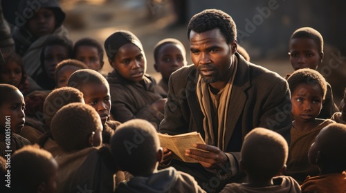 African pastor or priest preaching in village outside to group of poor looking children.