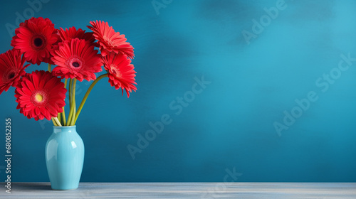 A bouquet of bright red gerbera flowers in a vase on a table with a blue wall background, creating a bold and vibrant statement. AI Generated.