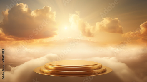 Gold podium in the clouds with sun set background. AI Generated.