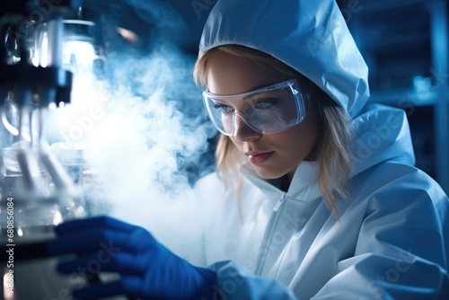 Scientists work with liquid nitrogen cryostorage in medical lab at sciences laboratory, High tech medical lab equipment used in vitro fertilization process.