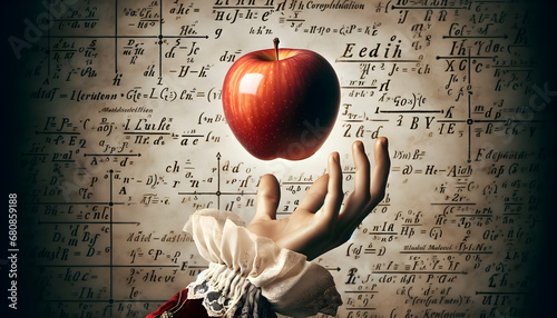 Hand catching a falling apple with math formulas - Newton's gravity discovery concept