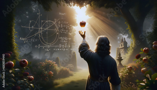 Gravity concept. A silhouette man in 17th Century clothing catching an apple from tree in garden, with scientific formulas in background