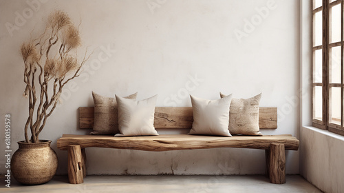 rustic aged wood tree trunk bench with pillow near stucco wall modern living room