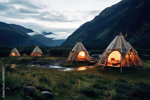 Native American wigwams in mountains