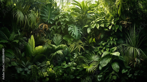 variety of beautiful green fresh tropical lush foliage with sunlight