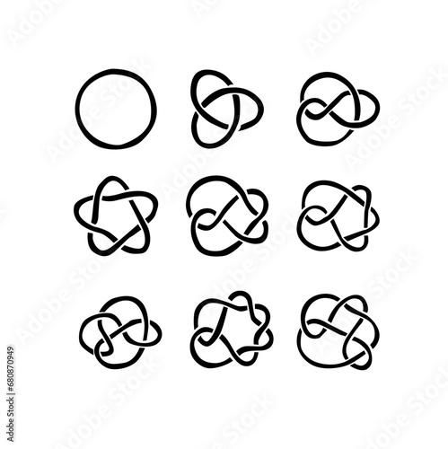 An abstract composition of black and white symbols and shapes. It includes an infinity symbol, Celtic knot symbols, a circle, and a star.