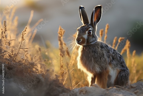 black tailed jackrabbit in natural forest environment. Wildlife photography