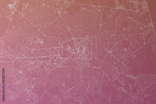Map of the streets of Christchurch (New Zealand) made with white lines on pinkish red gradient background. Top view. 3d render, illustration